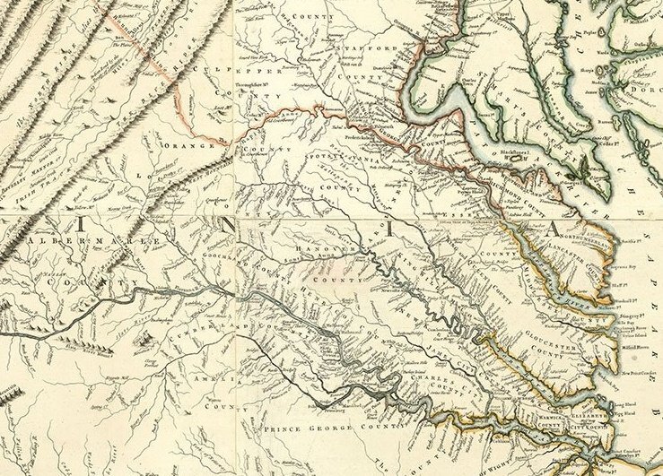 Detail of the 1753 Fry-Jefferson map of Virginia, focusing on Hanover County in the center.