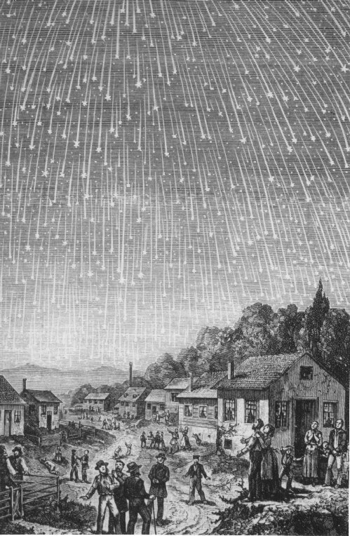 Engraving of the 1833 Leonid Meteor Shower by Adolf Vollmy (1889), based on the painting by Karl Jauslin.