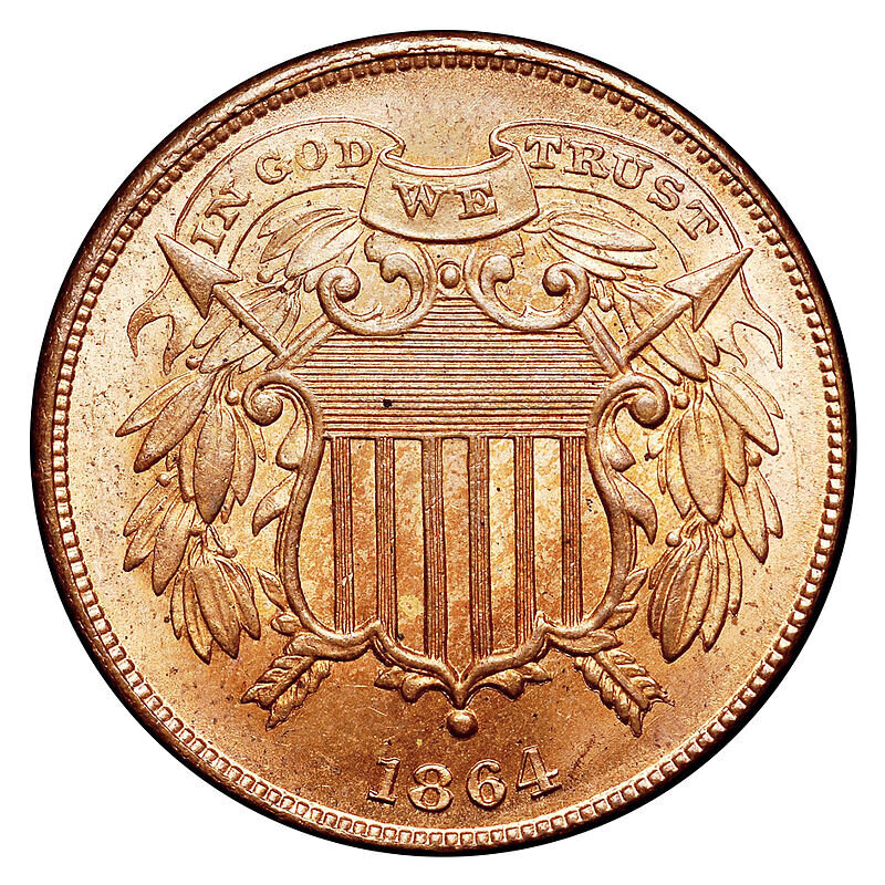 The first appearance of the motto “In God We Trust” on American coinage was on the obverse side of a two-cent piece.