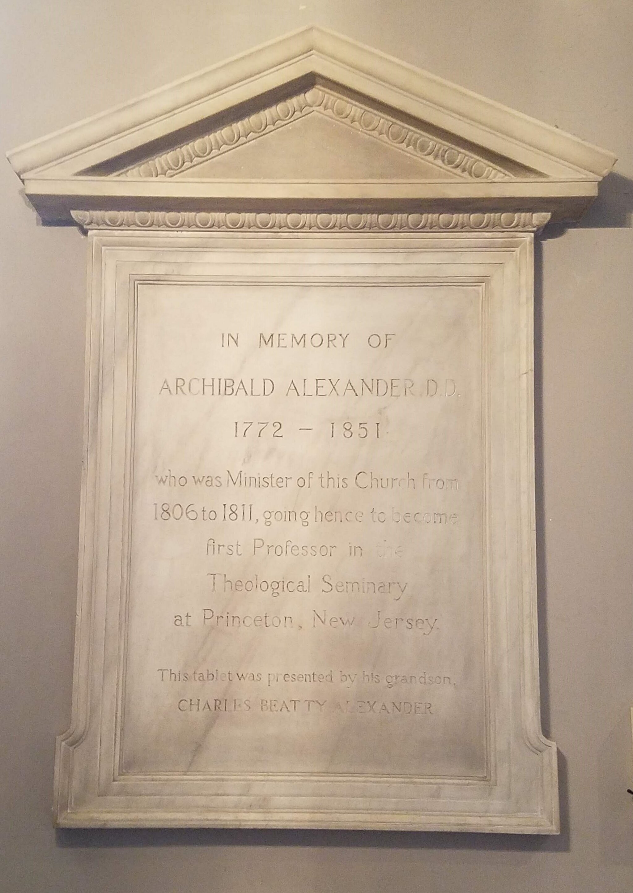 Interior commemorative plaque honoring Archibald Alexander (photo credit: R. Andrew Myers).