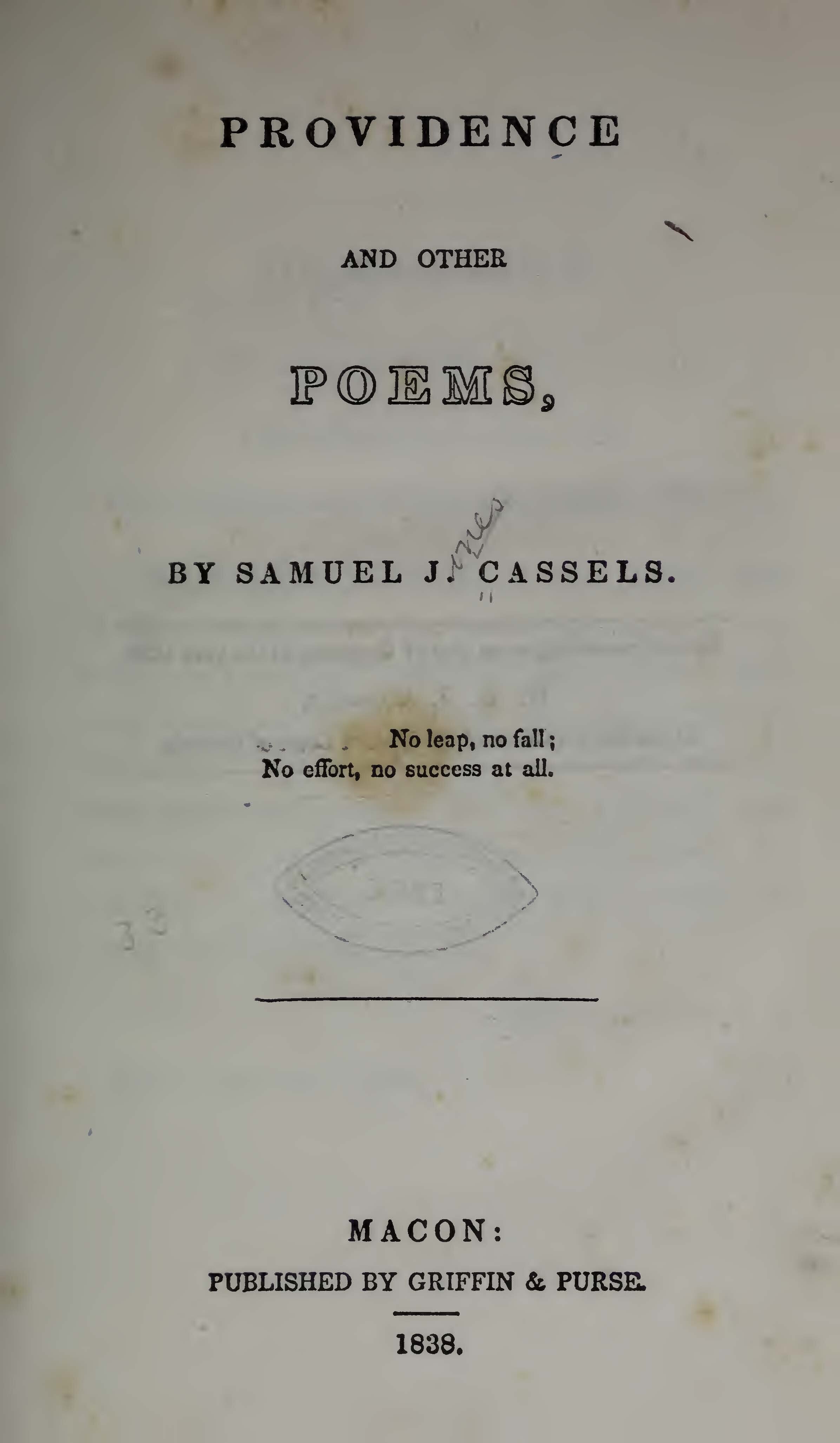 The first book of poems published in Georgia was by Presbyterian minister Samuel J. Cassels.