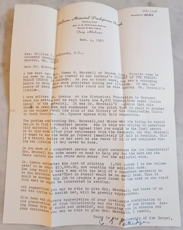 November 4, 1965 Letter from Rev. C.G. Partridge to Rev. William C. Robinson (photo credit: R. Andrew Myers).
