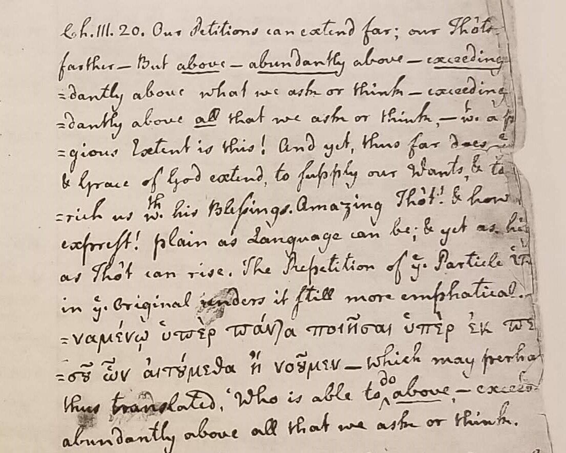 Photocopy of Samuel Davies’ handwritten annotations from his personal Bible on Ephesians 3:20 (courtesy of the Virginia Museum of History & Culture, photo credit: R. Andrew Myers).