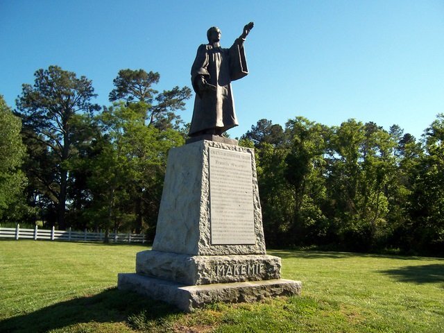 This statue marks the spot on Holdens Creek, Temperanceville, Virginia where Francis Makemie is buried.