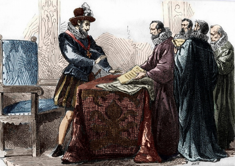 The signing of the Edict of Nantes by Henry IV on April 13, 1598.