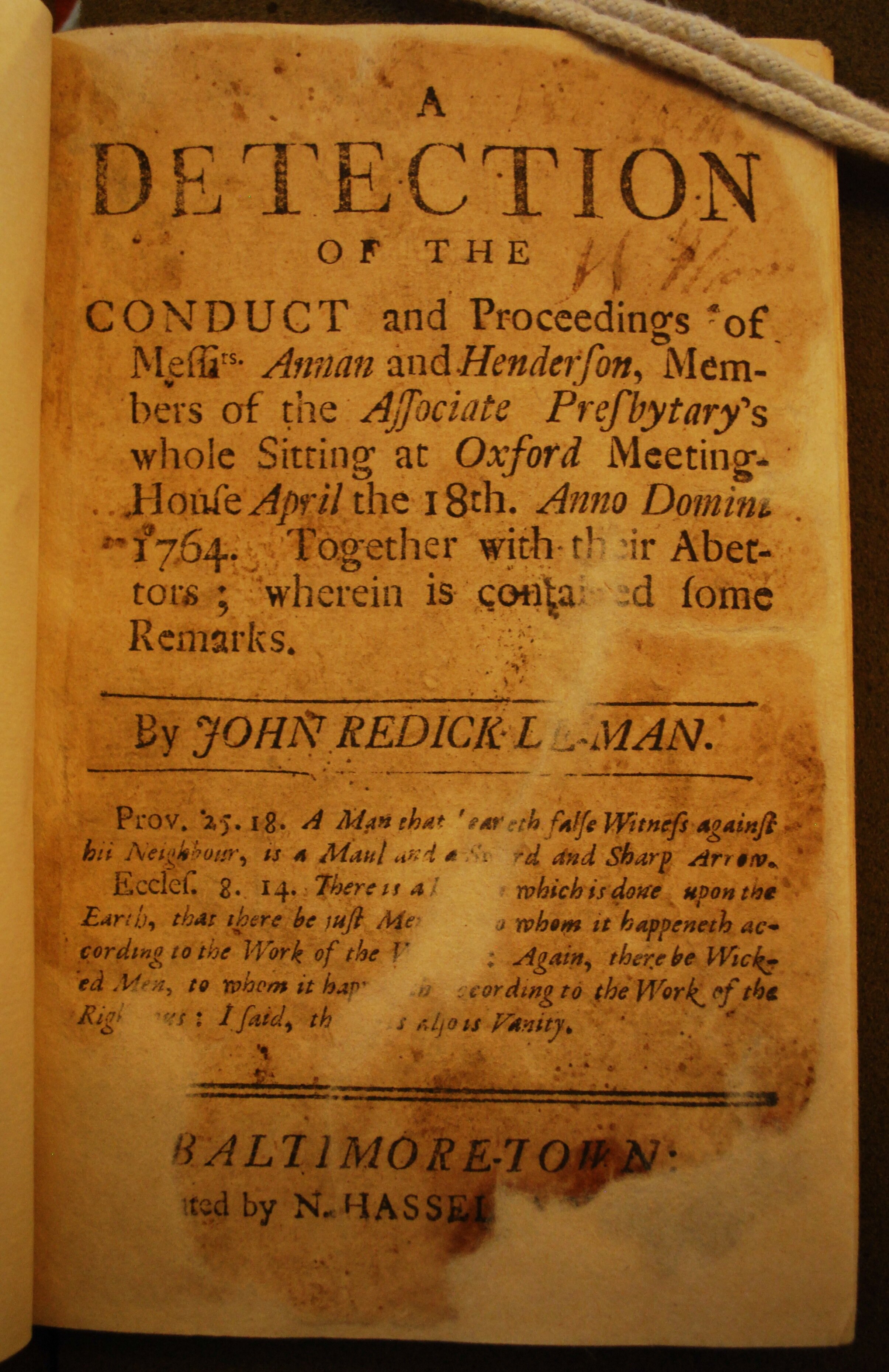 The first book published in Baltimore was by a Presbyterian layman.