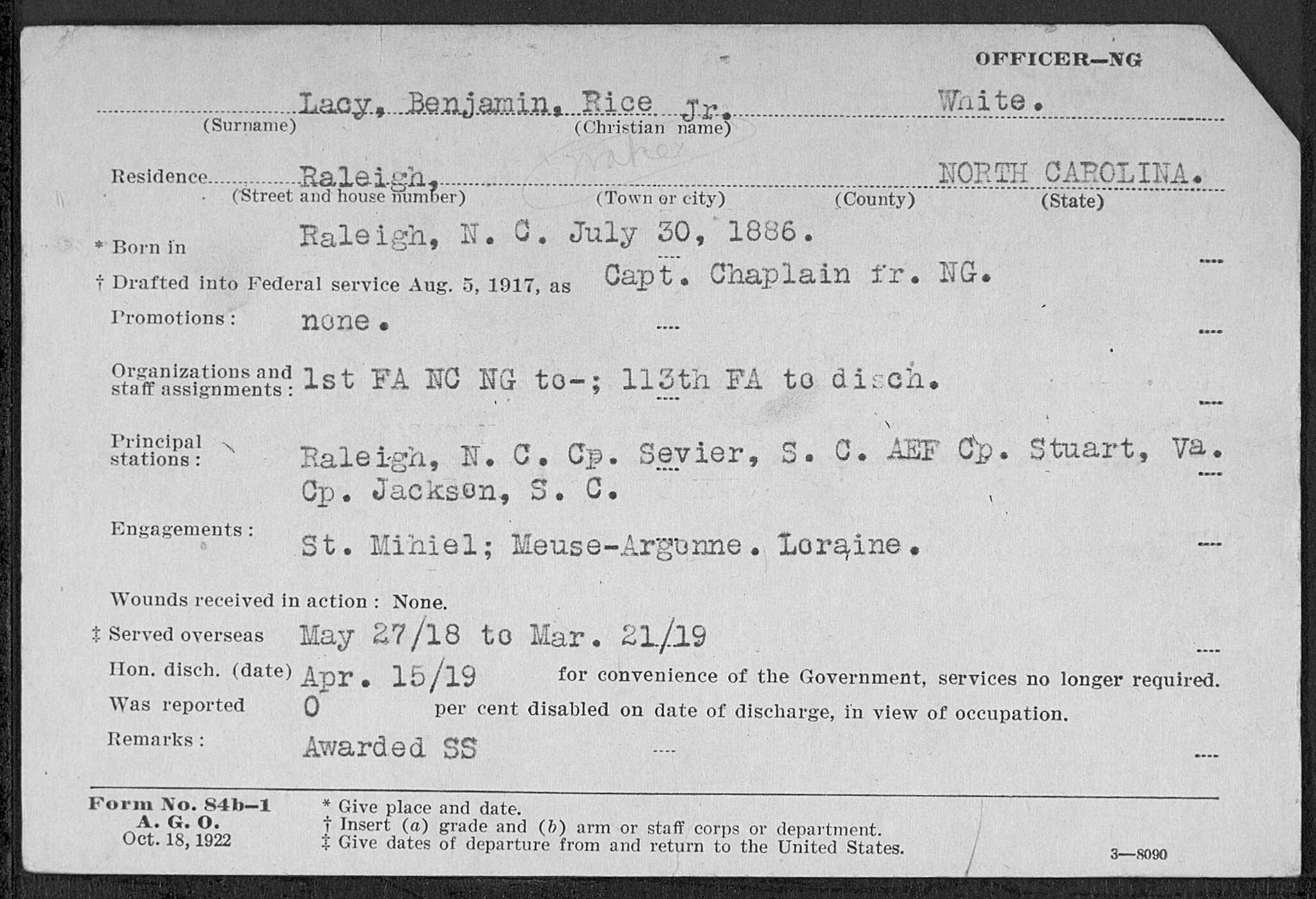 Lacy’s World War I service card (courtesy of the State Archives of North Carolina).