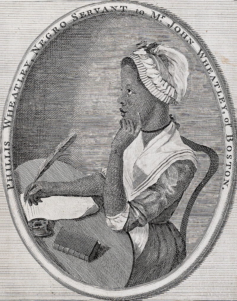 Portrait of Phillis Wheatley by Scipio Moorhead (1773). It is said to be “the first frontispiece depicting a woman writer in American history, and possibly the first ever portrait of an American woman in the act of writing.”