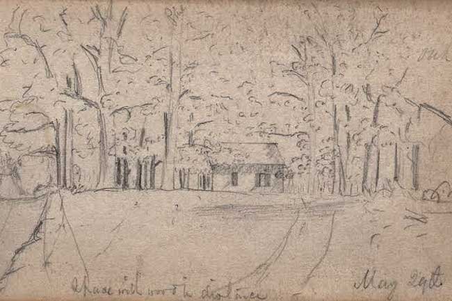 1862 sketch of Polegreen Church before it was destroyed in 1864.