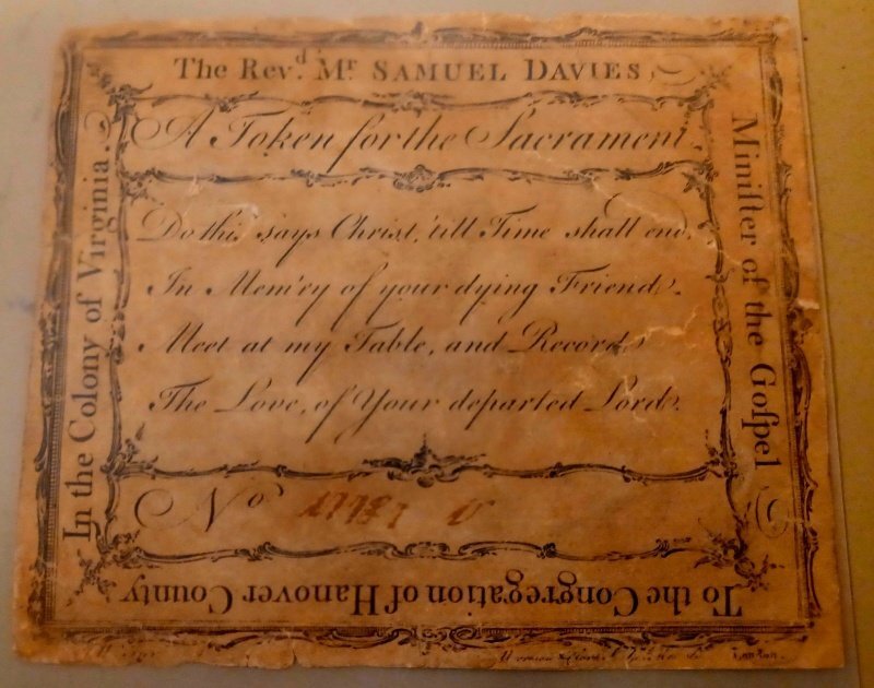 Samuel Davies’ communion token held at the William Smith Morton Library, Union Theological Seminary, Richmond Virginia (photo by R. Andrew Myers).