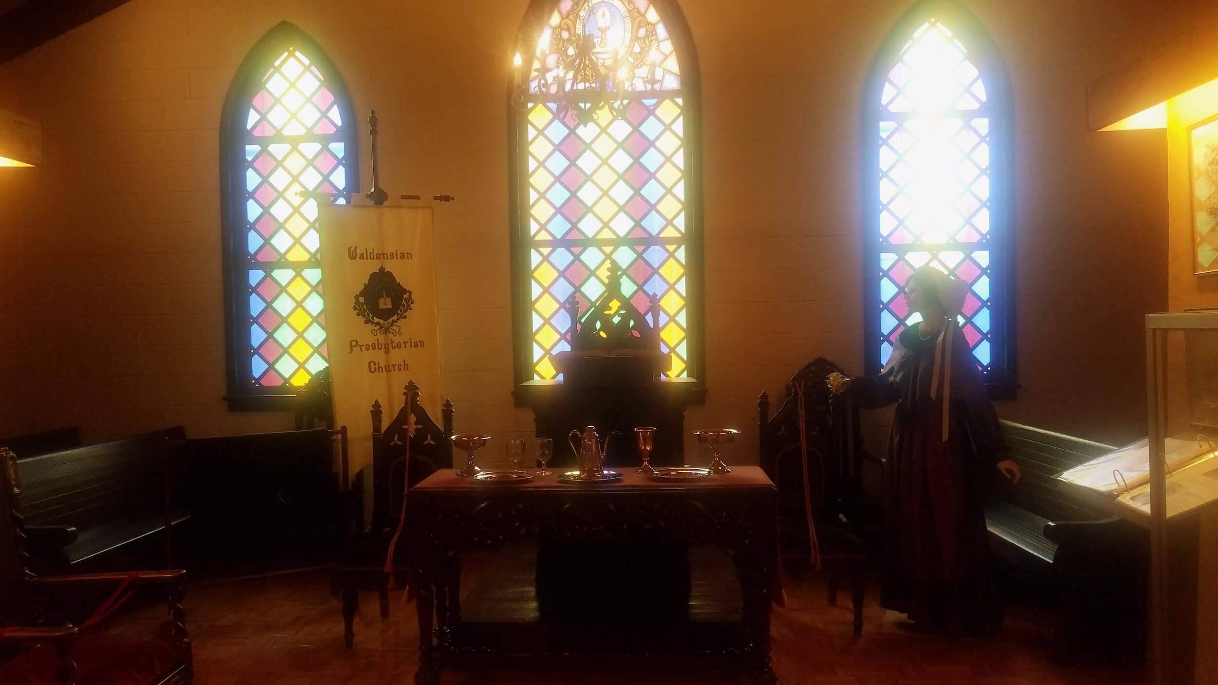 Historical portrayal of the interior of the Waldensian Presbyterian Church at the Waldensian Heritage Museum. Photo by R. Andrew Myers