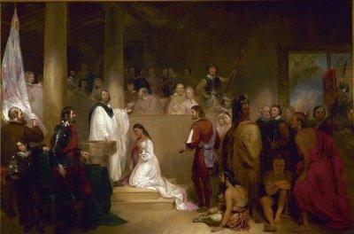This portrait of The Baptism of Pocahontas by John Gadsby Chapman (1840), which shows Alexander Whitaker administering the sacrament, hangs in the Rotunda of the U.S. Capitol Building, Washington, District of Columbia.