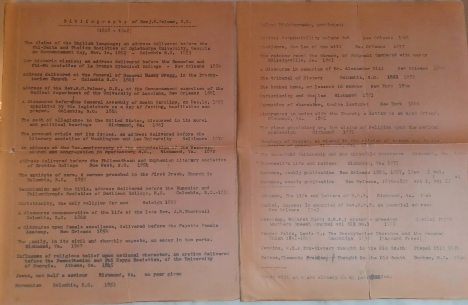 Bibliography of B.M. Palmer by William C. Robinson (undated, photo credit: R. Andrew Myers).